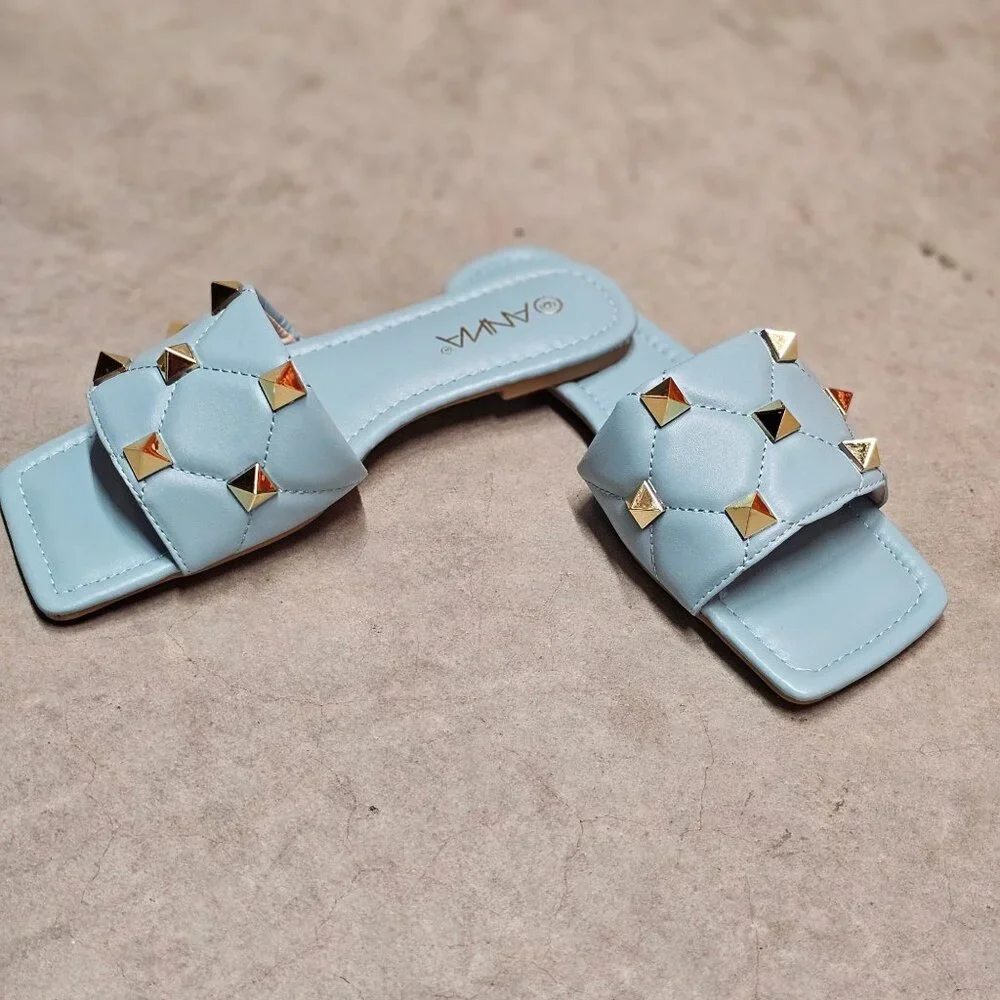 Quilted Sky Blue Slide Sandals With Gold Studs Square Toe Casual Flat Design For - Picture 3 of 5